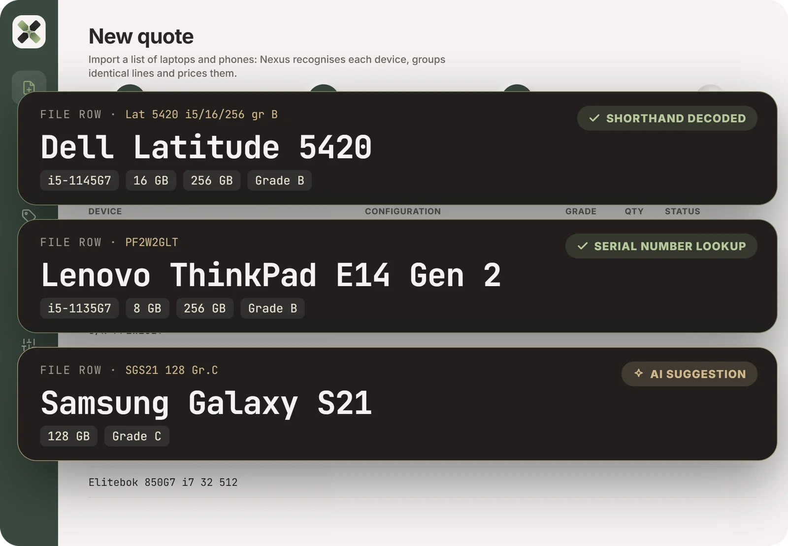 File rows decoded: “Lat 5420 i5/16/256 gr B” becomes a Dell Latitude 5420, a serial number becomes a Lenovo ThinkPad E14 Gen 2, “SGS21 128” is suggested by the AI as a Samsung Galaxy S21.