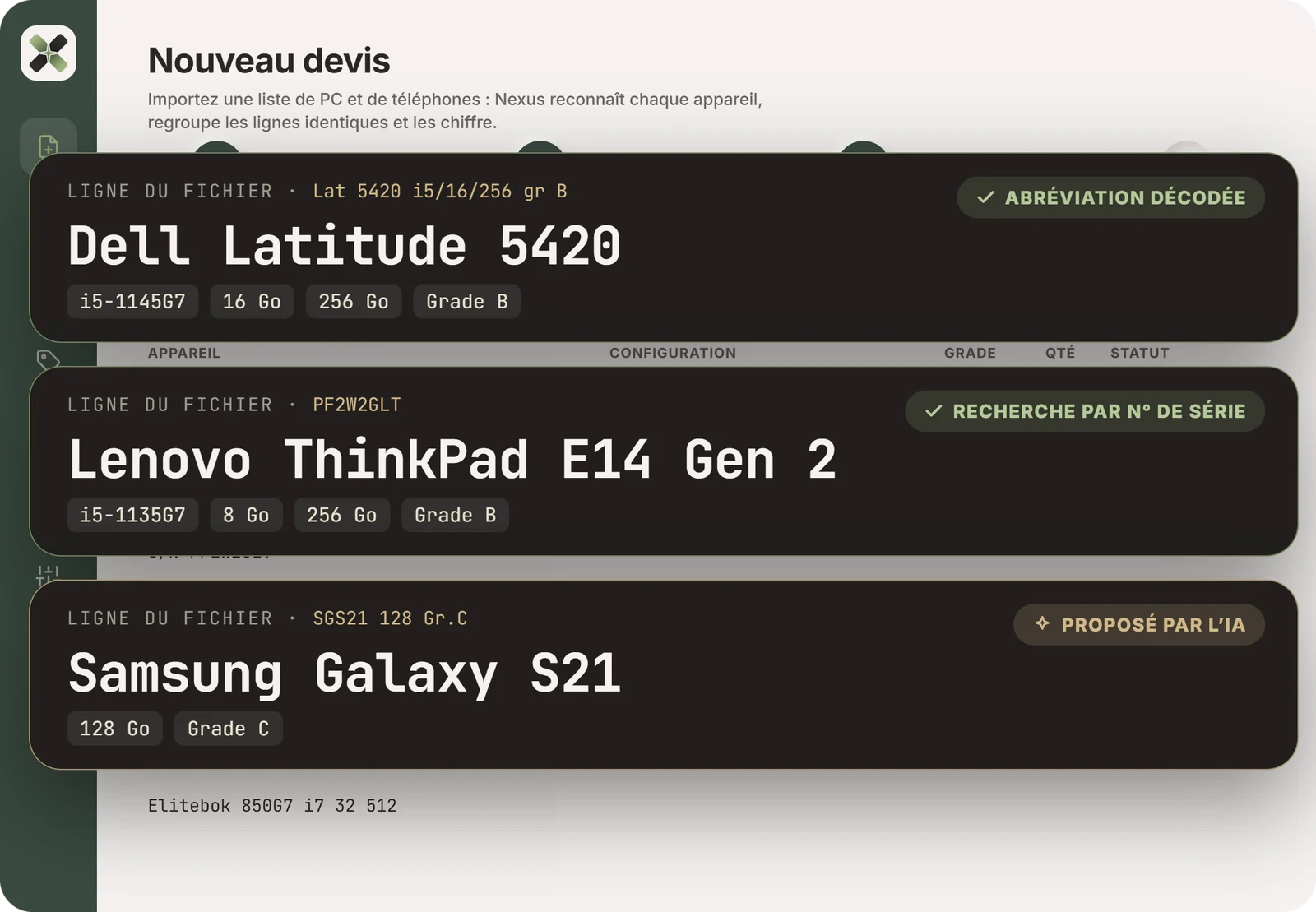 Lignes du fichier décodées : « Lat 5420 i5/16/256 gr B » devient Dell Latitude 5420, un numéro de série devient un Lenovo ThinkPad E14 Gen 2, « SGS21 128 » est proposé par l’IA comme Samsung Galaxy S21.