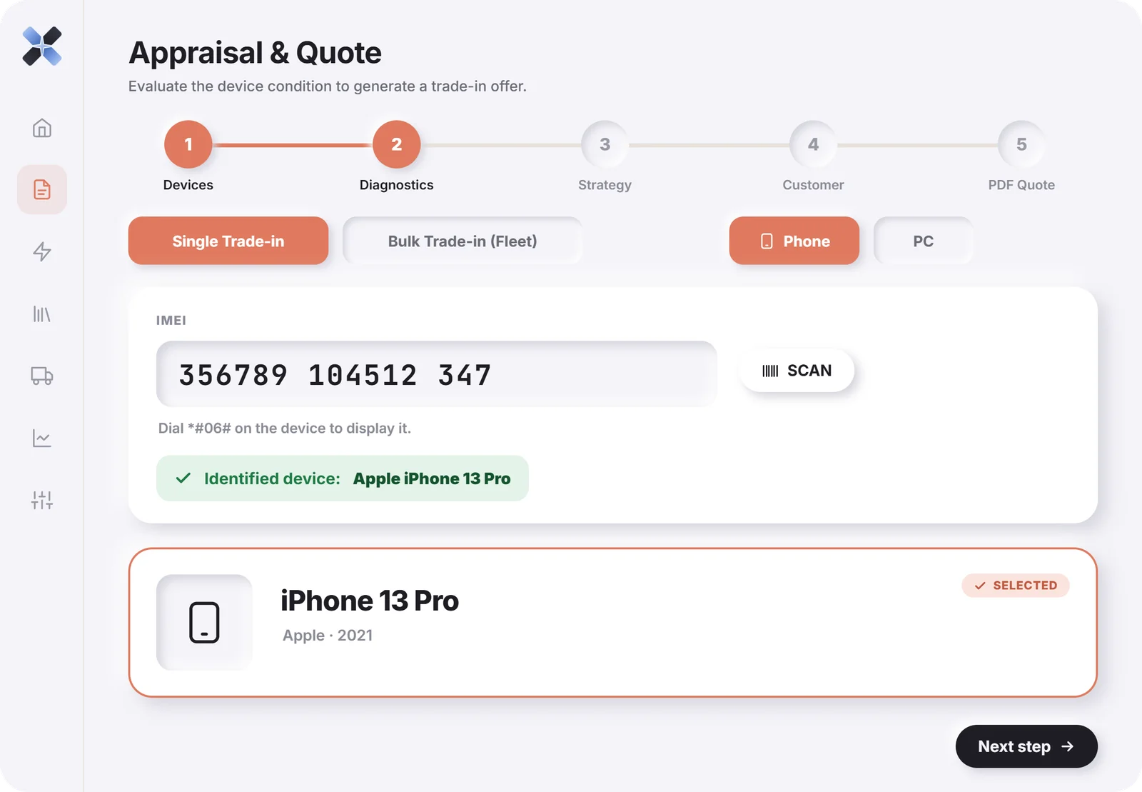 Nexus Back, étape Appareils : l’IMEI saisi identifie un Apple iPhone 13 Pro.