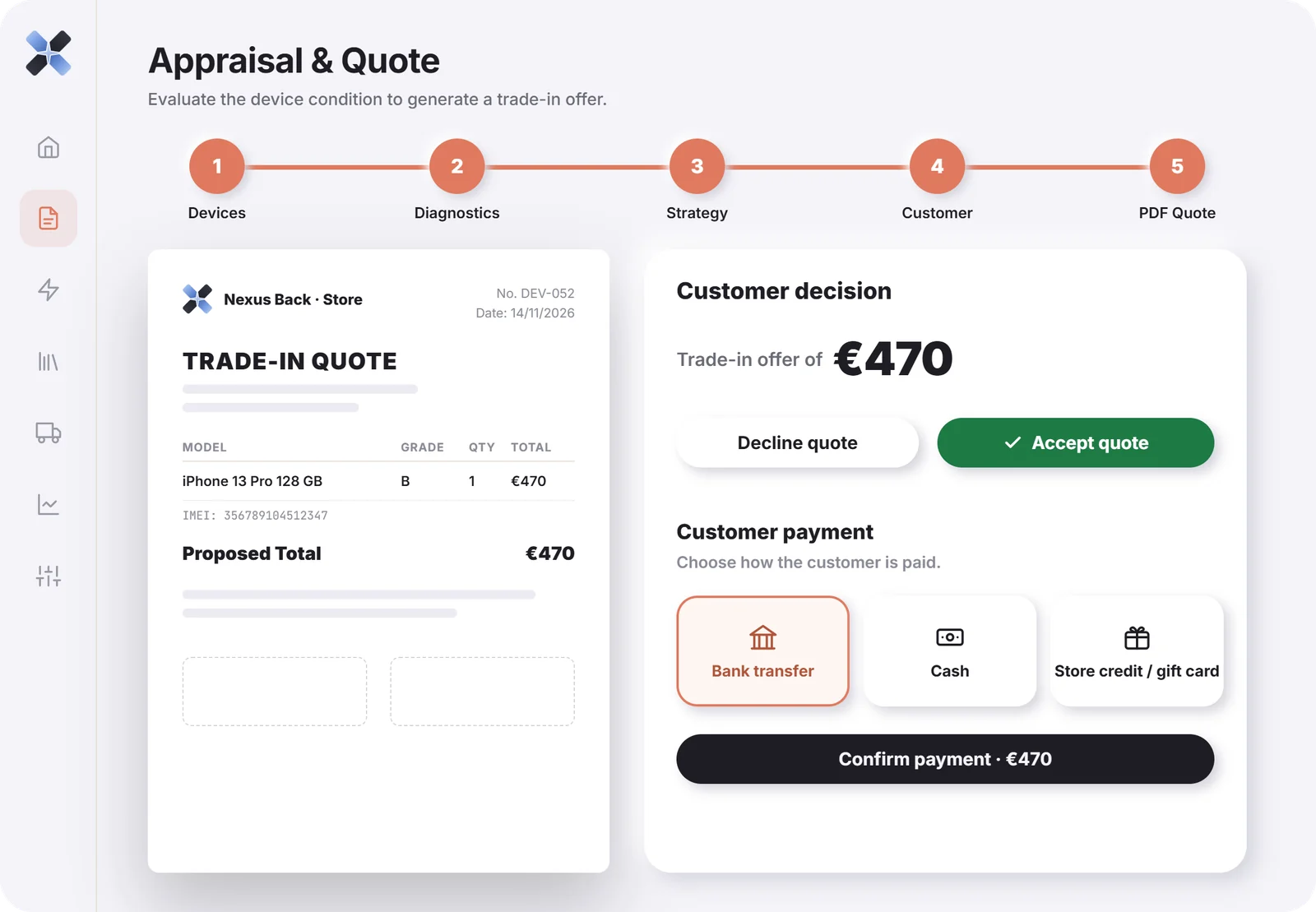 Devis PDF de reprise à 470 €, décision du client et choix du paiement.